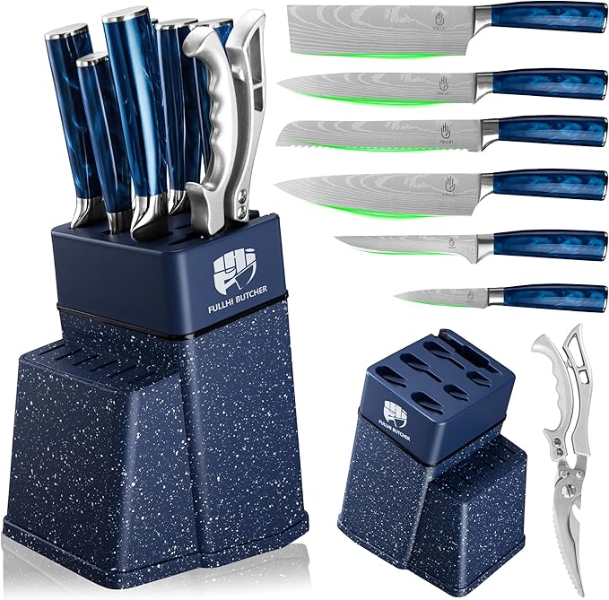 FULLHI 8pcs block Knife Set,chef's Knves Set with Block and Sharpener, Kitchen Knife Set,Multi-colour Handle, Gifts for Men Women