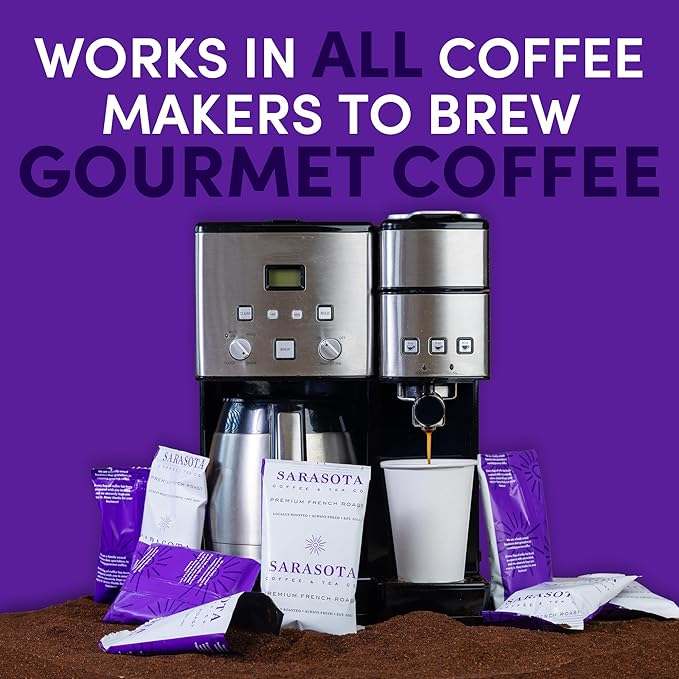 Sarasota Coffee Ground Packets | Gourmet Dark French Roast Ground Coffee Packs | Cubano European | Low Acid Mold Free Singles Individual Pouches for 12 Cup Coffee Maker | 2 Ounce Bags, 12 Count