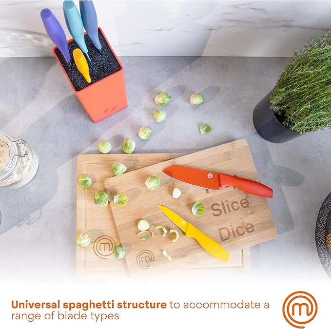 MasterChef Knife Block Set of 6 Kitchen Knives, Extra Sharp Stainless Steel Blades for Professional Cutting with Non Stick Coating & Soft Touch Easy Grip Handles in a Red Universal Block, Vivid Color