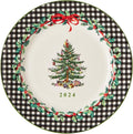 Spode Christmas Tree 2024 Annual Collector Plate - Exclusive Border with Red Ribbon & Black Check, Seasonal Display or Holiday Tableware Use, 8" Porcelain - Great Holiday Gift