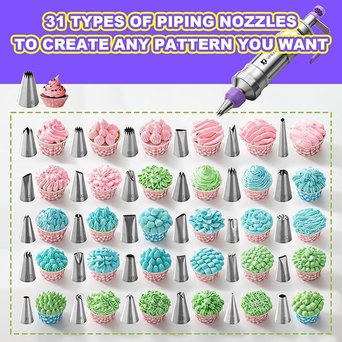 Dessert Decorating Syringe Set icing piping kit Stainless Steel frosting piping kit with 31 professional piping tips 50 disposable piping bags 1 silicone spatula 1 set of soft cake scrapers, Purple