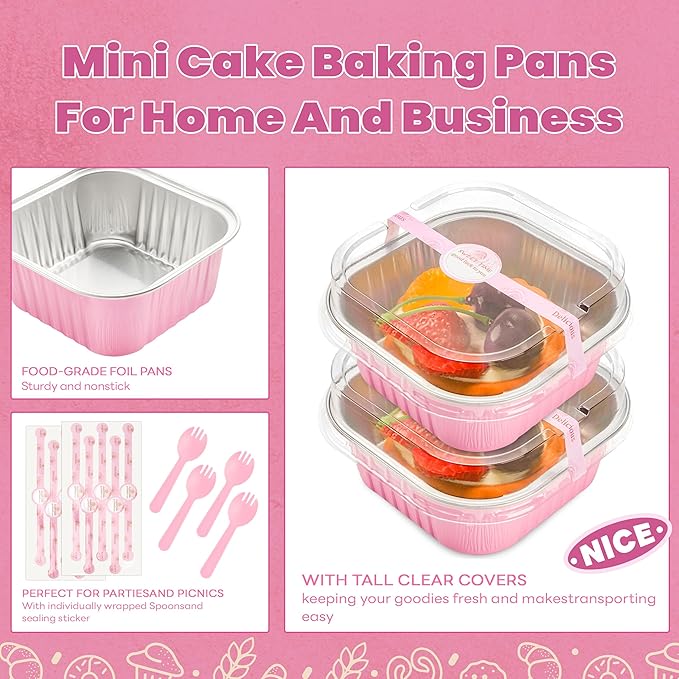 50 Pcs Mini Square Baking Cups with Lids and Spoons Aluminum Foil Mini Cake Pans with Lids Disposable Ramekins Cake Pans Dessert Cups for Wedding Birthday Party(Pink,10oz)