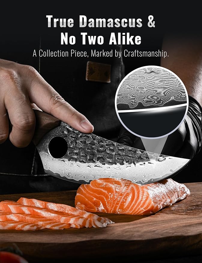 Emojoy Damascus Chef Knife, 67-Layer Damascus Steel Kitchen Knife with Black Hammered Finish, Japanese Knives for Home, Outdoor Cooking, BBQ, Include Gift Box, 6.3 Inch