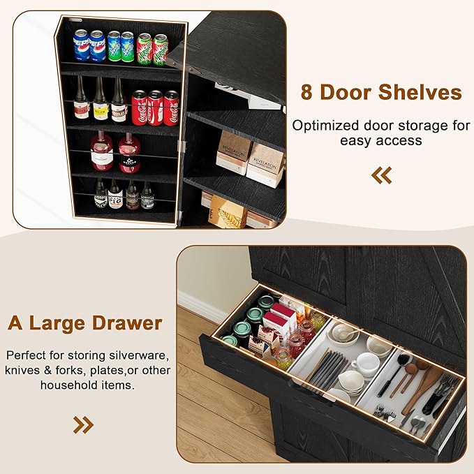 72" Tall Storage Cabinet, Kitchen Pantry Cabinet with Adjustable Shelves & Sturdy Steel Frame, Farmhouse Pantry Storage with 4 Barn Doors for Kitchen, Dining Room, and Living Room, Black