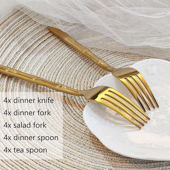 Gold 20-Piece Silverware Set, Bamboo Pattern Stainless Steel Flatware Set, Cutlery Set Mirror Polished, Dishwasher Safe, Service for 4