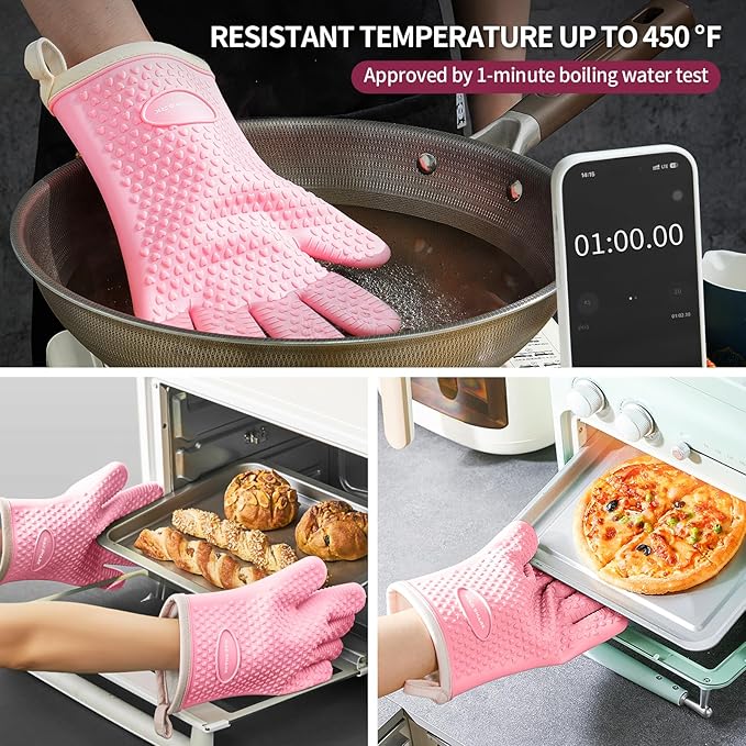 MAD SHARK Silicone Oven Mitts Heat Resistant 450 Degrees,Waterproof & Non-Slip Oven Gloves with Fingers,Cotton Lined Silicone Oven Gloves Kitchen Mitts for Baking Cooking Barbecue,Women (Pink)
