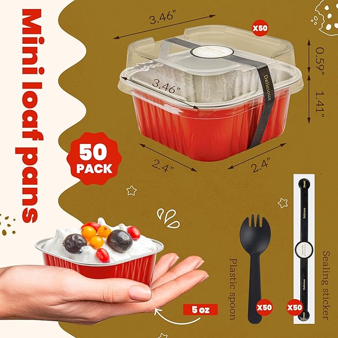 50 Pcs Mini Square Baking Cups with Lids and Spoons Aluminum Foil Mini Cake Pans with Lids Disposable Ramekins Cake Pans Dessert Cups for Wedding Birthday Party(Red,5oz)