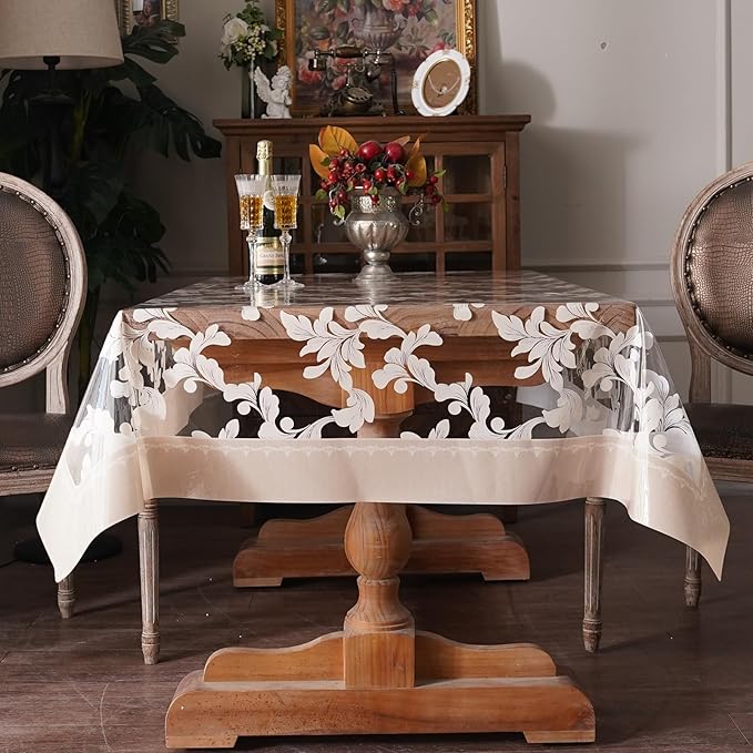 Vinyl Table Cloth Rectangle Clear Table Cover Protector with Block Printed Pattern Oil Spill Proof Farmhouse Rustic Plastic Table Covers for Dining Tables (Scroll Grass, 52 x 70 Inches)
