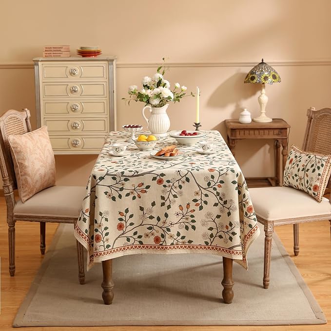 ISAENNE Designer Floral Extra Long Rectangle Tablecloth,French Linen Light Beige Indoor Table Cloth,Fall Wrinkle Resistant Decor Tablecloths for Dining Thanksgiving Kitchen,67"*118"-Flora A