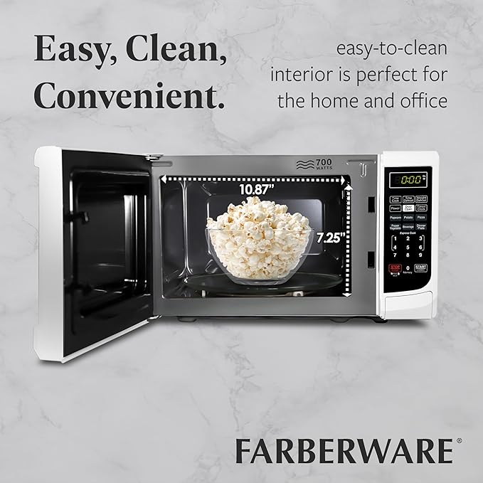 Farberware Countertop Microwave Oven 700 Watts Power Auto Cook Settings, Defrost, Easy Clean and Child Safety Lock, 0.7 Cu. Ft, White