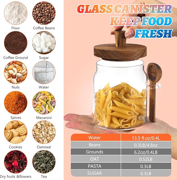 Glass Food Storage Jar with Lids Spoon Glass Coffee Canister Borosilicate Glass Food Containers for Ground Coffee Beans Nut Pasta Sugar Candy Spice Rice Tea (400ml/13.5oz-2 pcs-with spoon)