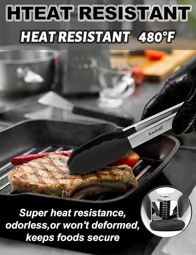 Anaeat 3 Pack 7" Mini Non-Stick Silicone Locking Tongs - Stainless Steel Kitchen Food Tong with Non-Slip Silicone Tips and Grip for Cooking, Baking and BBQ - Heat Resistant up to 480°F (Black)