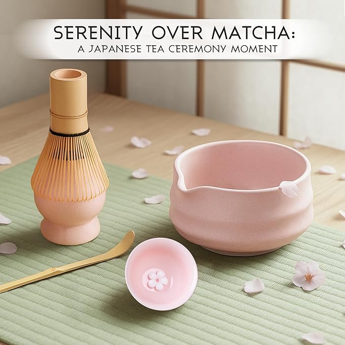 Matcha Whisk Set, 8-Piece Pink Matcha Set with Ceramic Bowl, Bamboo Whisk, Sifter, Large Mat and More – Complete Matcha Kit with Gift Box for Matcha Lovers