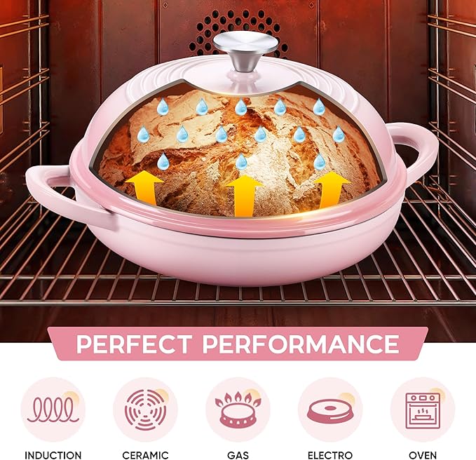 E-far Dutch Oven for Sourdough Bread Baking, 6 Qt Round Enameled Cast Iron Dutch Oven for Homemade Artisan Bread, Dome Lid & Shallow Base, Matte Black Interior & Durable, Oven-Safe to 500℉, Pink