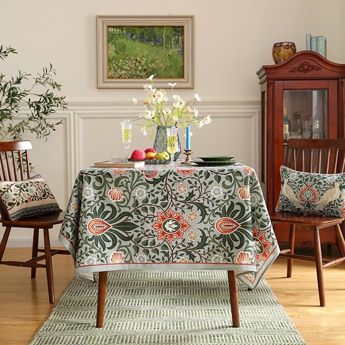ISAENNE Designer Bohemian Linen Green Table Cloth for Rectangle Table,Floral Indoor Tablecloth,Stain Resistant Decor Tablecloths for Dining Thanksgiving Kitchen Party Christmas,55"*79"-Naples