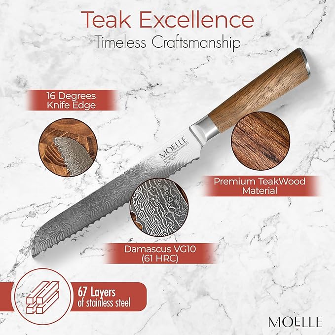 MOELLE Professional 9 Inch Serrated Knife – Kitchen Knife for Chefs/Cooks - Crafted with Damascus Steel Danish Design Ergonomic Teak Wood Handle