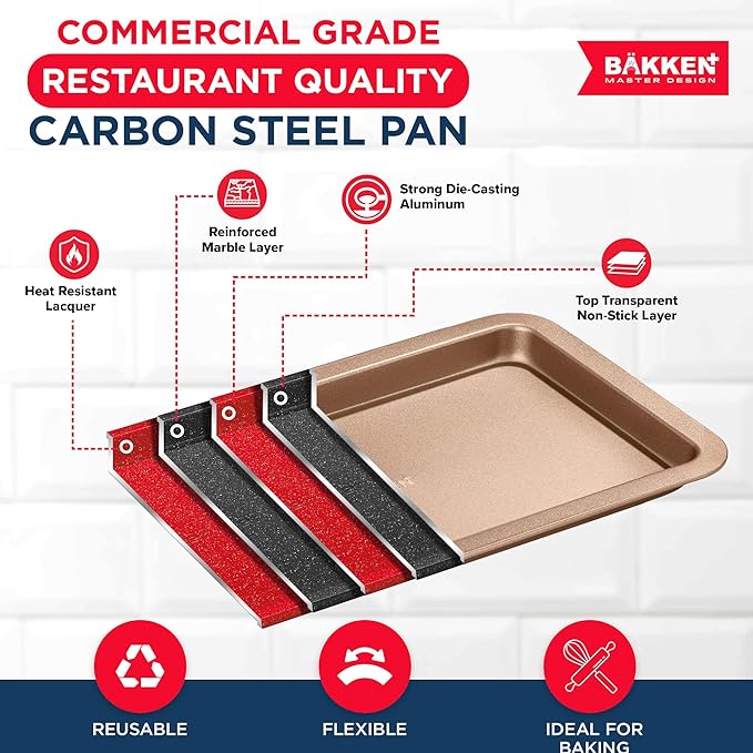 BAKKEN 3-Piece Kitchen Baking Pans - Small, Medium, and Large Cookie Pan, With Nonstick Coating, Stackable and Space-saving Design, PFOA, PFOS, PTFE Free, Oven Safe Tray (Up To 450°F), Brown