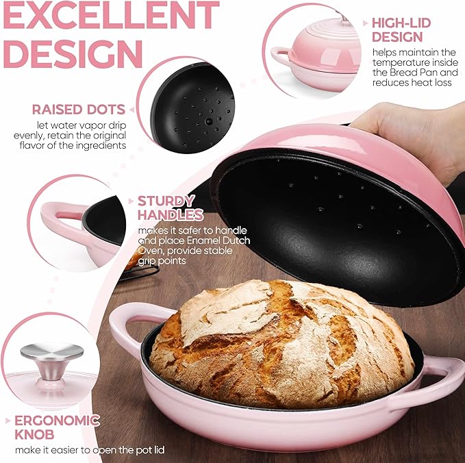 E-far Dutch Oven for Sourdough Bread Baking, 6 Qt Round Enameled Cast Iron Dutch Oven for Homemade Artisan Bread, Dome Lid & Shallow Base, Matte Black Interior & Durable, Oven-Safe to 500℉, Pink