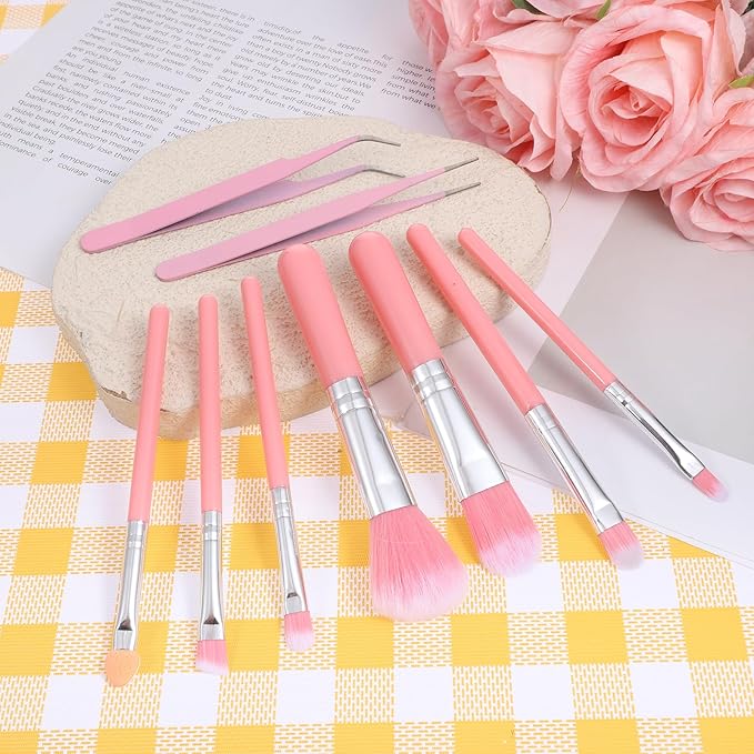 9 Pieces Candy Cookie Decoration Brush, Cake Decorating Tool Set Pastry Brush and Stainless Steel Pasta Tweezers or Baking Fondant DIY Cake Sugar(Pink Color)