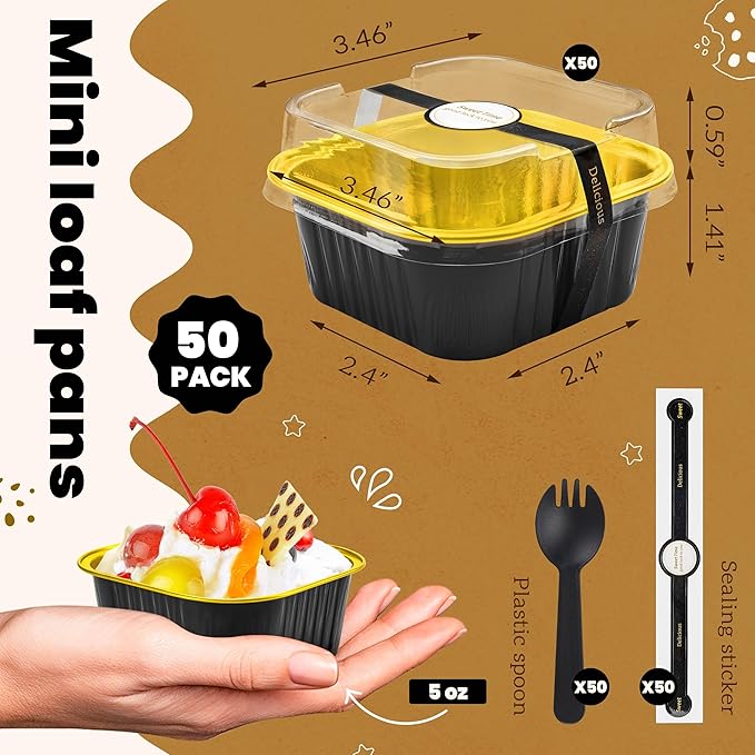 50 Pcs Mini Square Baking Cups with Lids and Spoons Aluminum Foil Mini Cake Pans with Lids Disposable Ramekins Cake Pans Dessert Cups for Wedding Birthday Party(Black Gold,5oz)