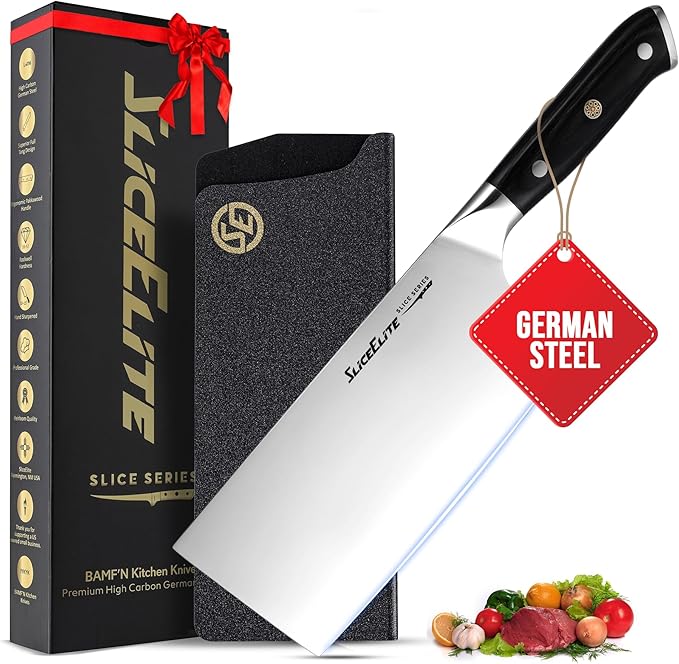 Slice Series 7-Inch Cleaver Knife – High Carbon German Steel Blade with Ergonomic Pakkawood Handle, with Options of Durable Polymer and Premium Leather Sheaths (Cleaver Knife)