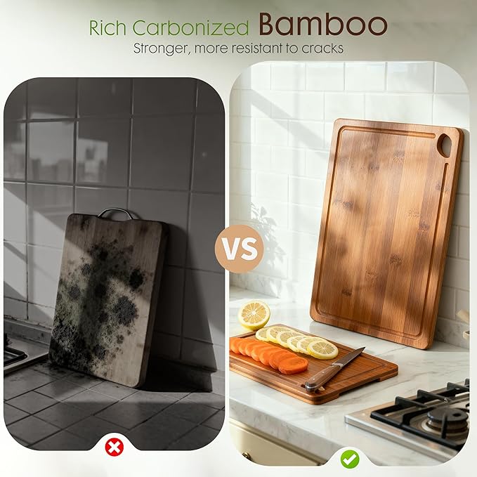 Astercook Deep-Carbonized Bamboo Cutting Boards for Kitchen with Wood Storage Stand, Reversible Charcuterie & Chopping Boards with Juice Grooves and Easy-Grip Handles, Knife-Friendly, Kitchen Gift