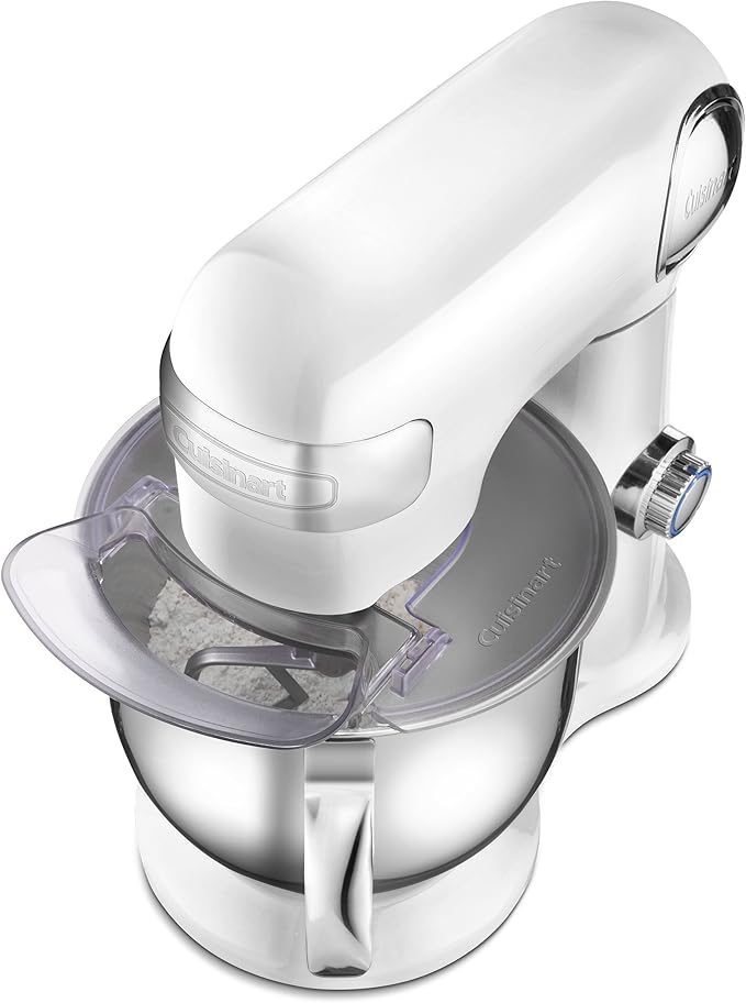 Cuisinart Stand Mixer, 12 Speed, 5.5 Quart Stainless Steel Bowl, Chef’s Whisk, Mixing Paddle, Dough Hook, Splash Guard w/ Pour Spout, White Linen, SM-50, Manual