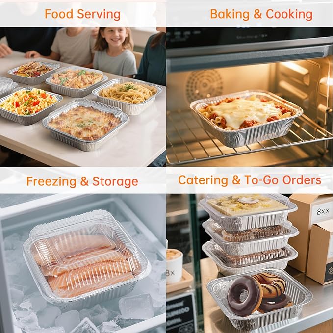 8x8 Aluminum Pans with Clear Lids - 20 Pack Disposable Baking Pans, Heavy Duty Tin Foil Trays for Cake Baking, Cooking, Heating, Storing, Prepping Food
