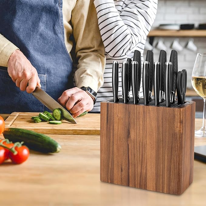 RedCall Acacia Wood Knife Holder Block,Large Universal Knife Block without knives,Wooden Kitchen Knife Block for Countertop,Knife Holder Organizer with Slots for Scissors and Sharpening Rods Storage