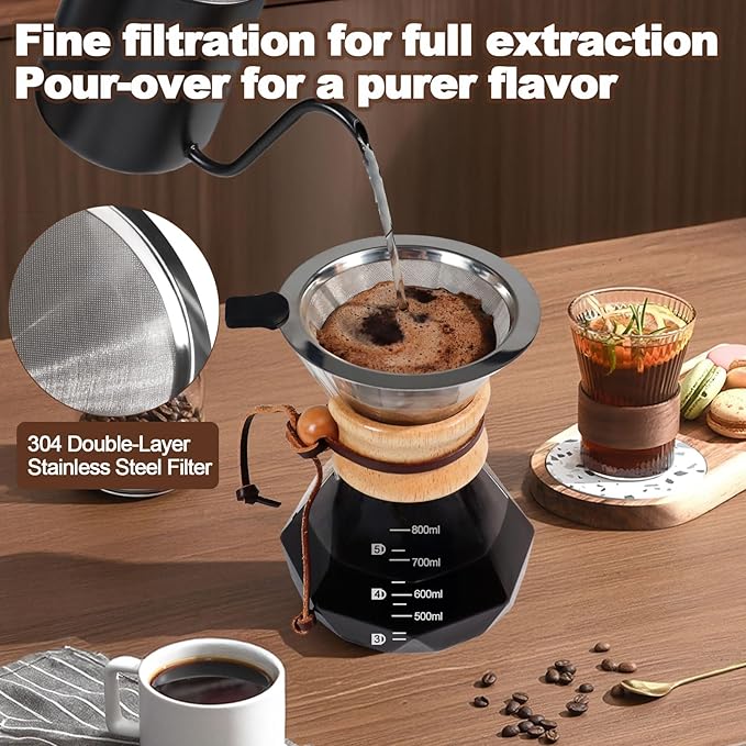 Pour Over Coffee Pot Set 800ml Features 304 Stainless Steel Filter Glass Coffee Pot with High Borosilicate Glass Duckbill Spout Design Solid Wood Handle Pour Over Coffee Drippers Daily Brewing