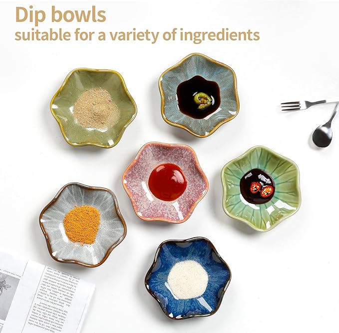 Dipping Bowls Set of 6, Ceramic Soy Sauce Dishes, 2 oz Dipping Sauce Cups, chrysanthemum Round Small Side Dish Dishes for Dipping Sushi Tomato Soy Sauce Dish Condiment Finger Bowls