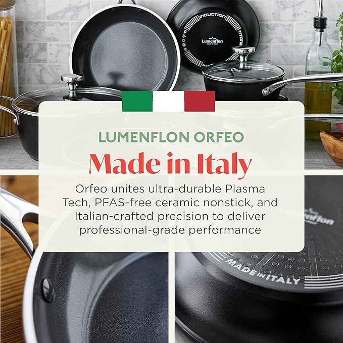 Orfeo 11” Nonstick Frying Pan, Made in Italy, Diamond Ceramic PFAS-Free Cookware, Induction Ready, Scratch Resistant, Laser-Fused Surface for Durability, Dishwasher Safe, Black