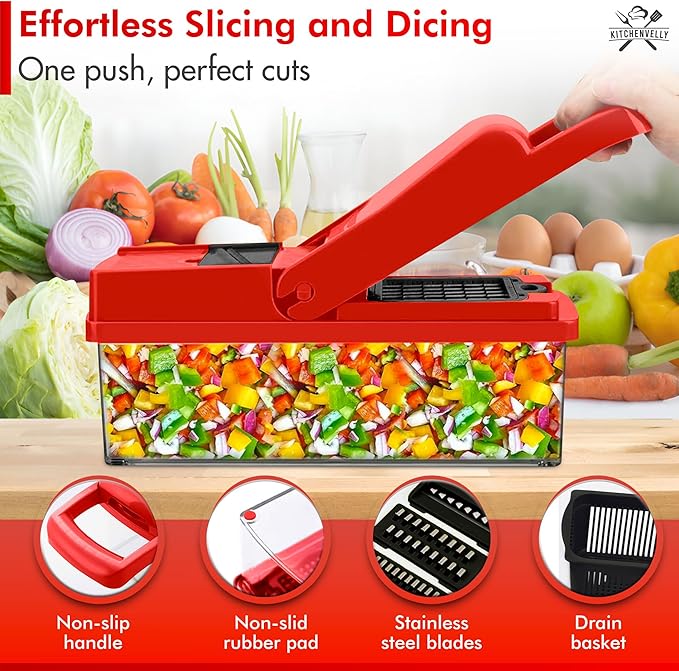 16-in-1 Vegetable Chopper and Slicer with 8 Blades – Veggie Cutter, Dicer, Food Chopper with Container & Lid – Multi-Purpose Kitchen Tool for Easy Meal Prep (Red)