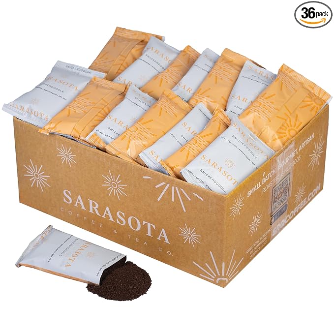 Sarasota Coffee Ground Packets | Gourmet Flavored Medium Roast Bulk Packs | Snickerdoodle | Low Acid Mold Free Individual Single Pot Pouches for 12 Cup Coffee Maker | 2 Ounce Bags, 36 Count