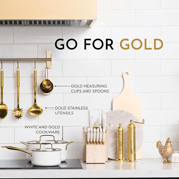 White and Gold Knife Set with Block Self-Sharpening – 14-Piece Titanium Coated Gold and White Kitchen Knives with Ashwood Block and Built-In Sharpener – Luxury Kitchen Accessories, Ideal Gift