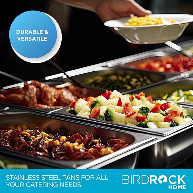 BIRDROCK HOME Stainless Steel Steam Table Pan - Hotel, Restaurant & Catering Supplies - 24 Gauge Steel, 2 qt Capacity - Meal Prep, Cooking, & Food Storage Container - 2.5" Depth, 1/4-Size (6 Pack)