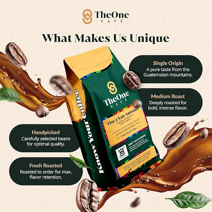 TheOne Kafé Guatemala Medium Roast Whole Bean Coffee – Organic, Single Origin, Premium Specialty Coffee and Ethically Sourced – Fresh Roasted for Espresso, Drip, Pour Over – 12 oz (Pack of 2)
