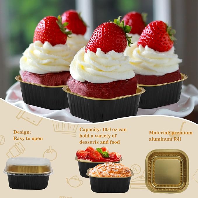 Foil Baking Cups, 30pcs 10oz Mini Cake Pans With Lids Cake Cups Aluminum Pans Disposable Ramekins With Lids Mini Cake Pans, Black Gold, HG01AP300BKX30