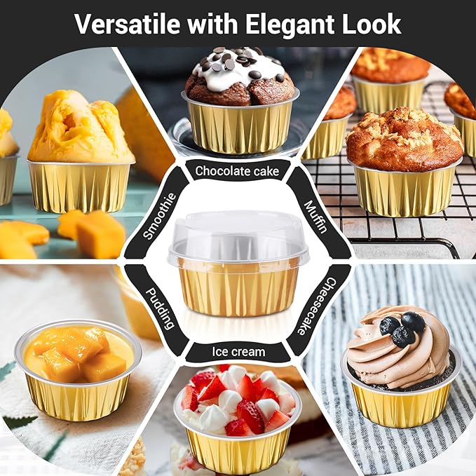 EUSOAR Disposable Ramekins, Gold 50pcs 5oz Mini Aluminium Foil Baking Cups with Lids Creme Brulee Cupcake Liners, Desert Cheesecake Pans Flan Molds Tin Cups Containers for Party Favor Birthday