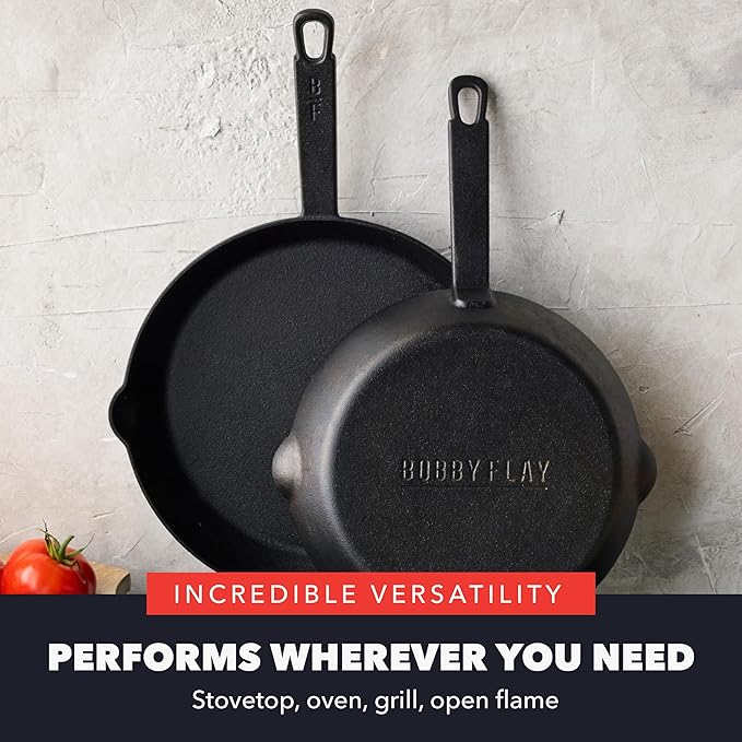 GreenPan x Bobby Flay 2 Piece Set (Includes 8”, 10”) Cast Iron Skillet, Pre-Seasoned PFAS-Free Frying Pan, Pour Spouts, Induction Compatible, Oven, Grill, Indoor/Outdoor, Durable, Black