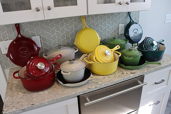 Larder & Vine 5-Piece Enameled Cast Iron Cookware Set - Includes 5.7 Quart Dutch Oven with Lid, 10.25 Inch Skillet, 2.2 Quart Saucepan with Lid (Okra)