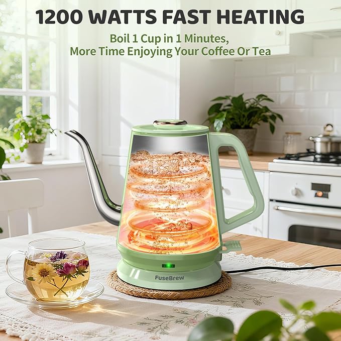 Gooseneck Electric Kettle(0.8L),1200 Watts Fast Boiling,Stainless Steel BPA Free,Automatic Shut Off,Pour Over Kettle for Coffee & Tea- Green