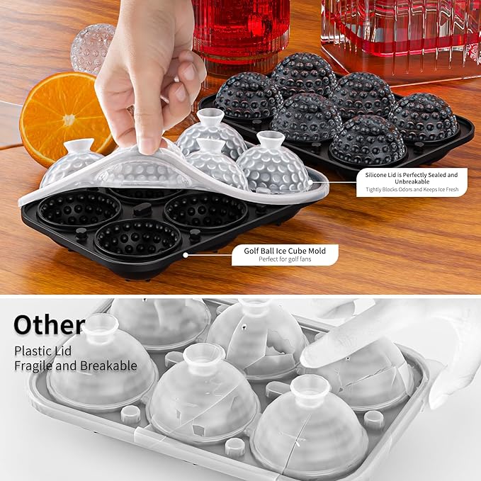 6 Chamber 2.2" 3D Golf Gifts Ice Cube Tray With Funnel,Large Round Ice Ball Maker Mold Silicone Fun Shapes Bourbon Sphere Ice Molds,For Chilling Whiskey,Cocktails,Bourbon,Brandy and Beverages