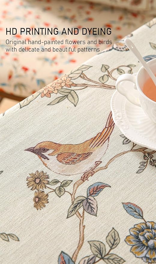 ISAENNE Designer French Light Beige Extra Long Rectangle Tablecloth,Linen Florals and Birds Pattern Table Cloth,Durable Decorative Tablecloths for Dining Thanksgiving Kitchen,67"*118"-Cornucopia