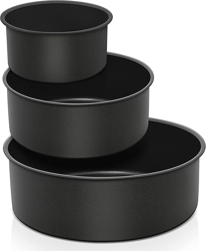 E-far Deep Cake Pan Set of 3 (4/6/8 Inch), Nonstick Stainless Steel Round Cake Pans Tins for Baking Layer Wedding Cakes, Stainless Steel Core & Nontoxic Coating, Deep & Straight Side