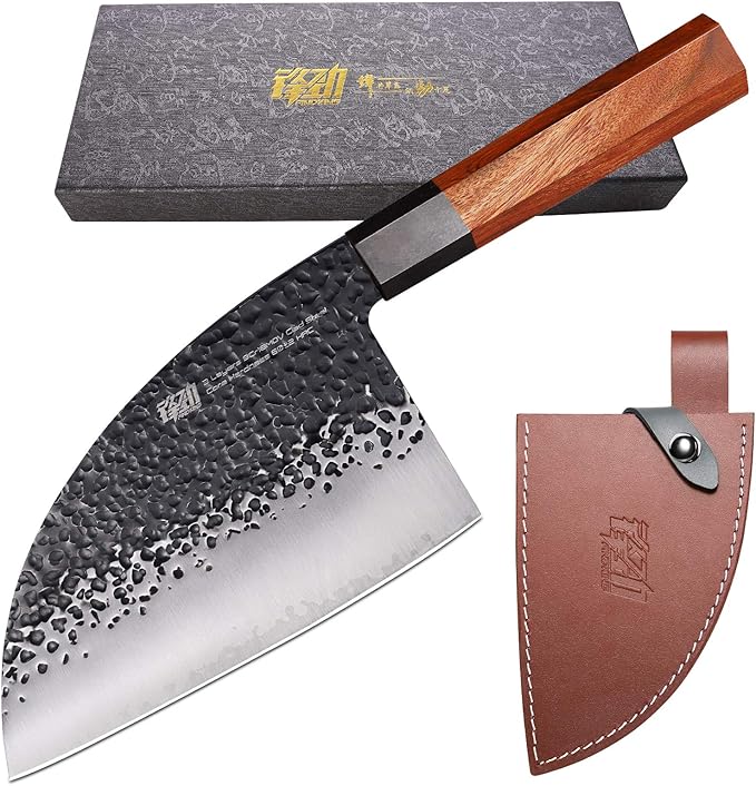FINDKING Dynasty Series Serbian Chefs Knife with Leather Sheath, Heavy Duty Meat Cleaver, 9Cr18MoV High Carbon Steel Blade, African Rosewood Octagonal Handle, for Meat, Chicken Bones, 6.5 Inches