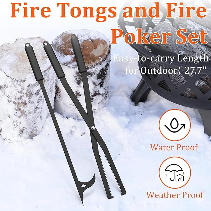 GARVIN Heavy Duty Fire Tongs & Poker Set, 27.7" Long-Handle Carbon Steel Log Grabber with Serrated Grip, Fire Tools Sets For Fire Pit & Fireplace, Wood Stoves, Campfires, Bonfires & BBQ Grills