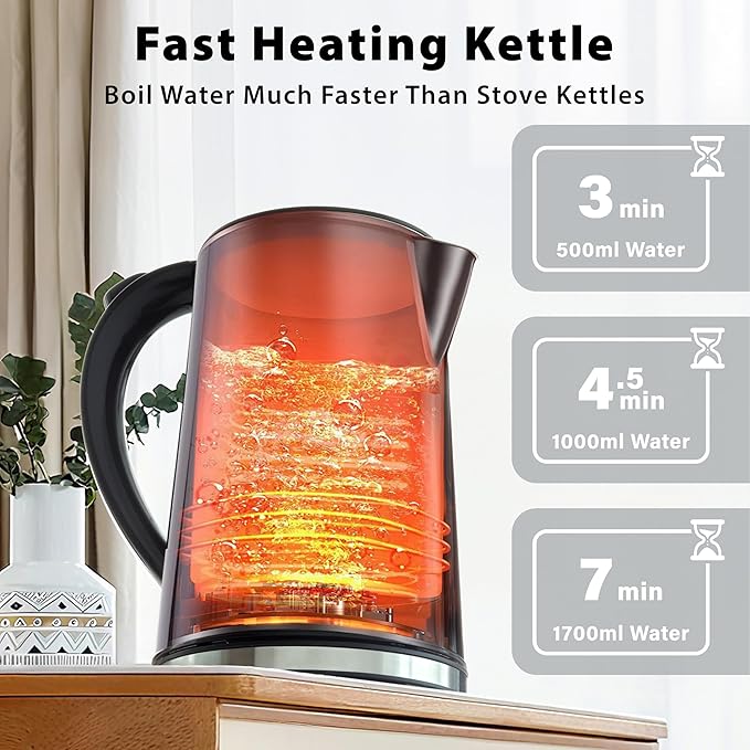 1.7L Electric Kettle, Stainless Steel Interior, 1500 Watt, Fast Boiling Water Boiler, LED Display, Temperature Control, Keep Warm, Auto Shut-Off, Boil-Dry Protection, Double Wall Cool Touch, Cordless