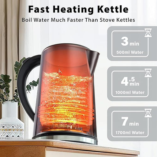 1.7L Electric Kettle, Stainless Steel Interior, 1500 Watt, Fast Boiling Water Boiler, LED Display, Temperature Control, Keep Warm, Auto Shut-Off, Boil-Dry Protection, Double Wall Cool Touch, Cordless