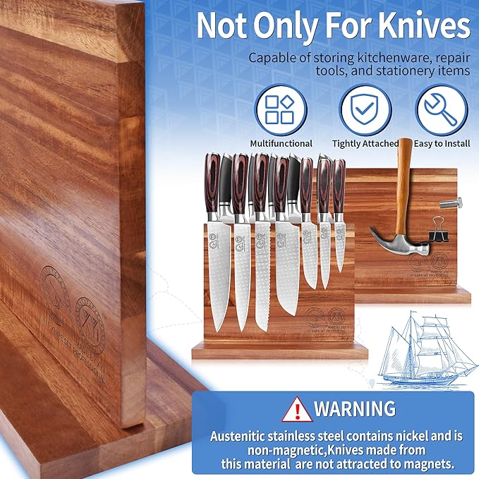 XYJ Authentic Since 1986, Magnetic Knife Block, Double Side Kitchen Knife Stand, Acacia Wood, Magnetic Knife Holder with Strong Enhanced Magnets,Knives Storage Rack Stand for Home Kitchen